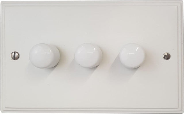 VW13-W Victorian Plate Matt White 3 Gang 1 or 2 Way 400W Halogen Dimmer Switch