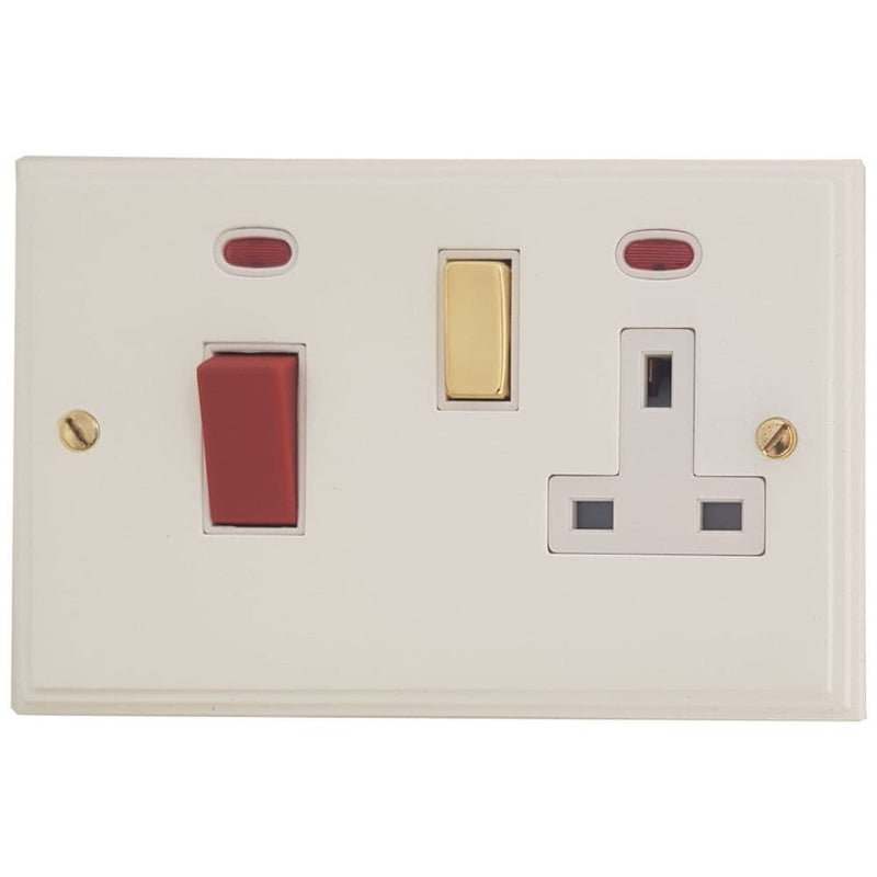 VW229-PB Victorian Plate Matt White 45 Amp DP Cooker Switch & 13A Switched Socket