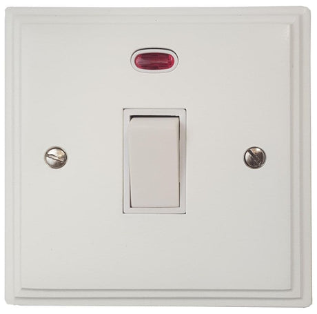 VW26W Victorian Plate Matt White 1 Gang 20 Amp Double Pole Switch & Neon