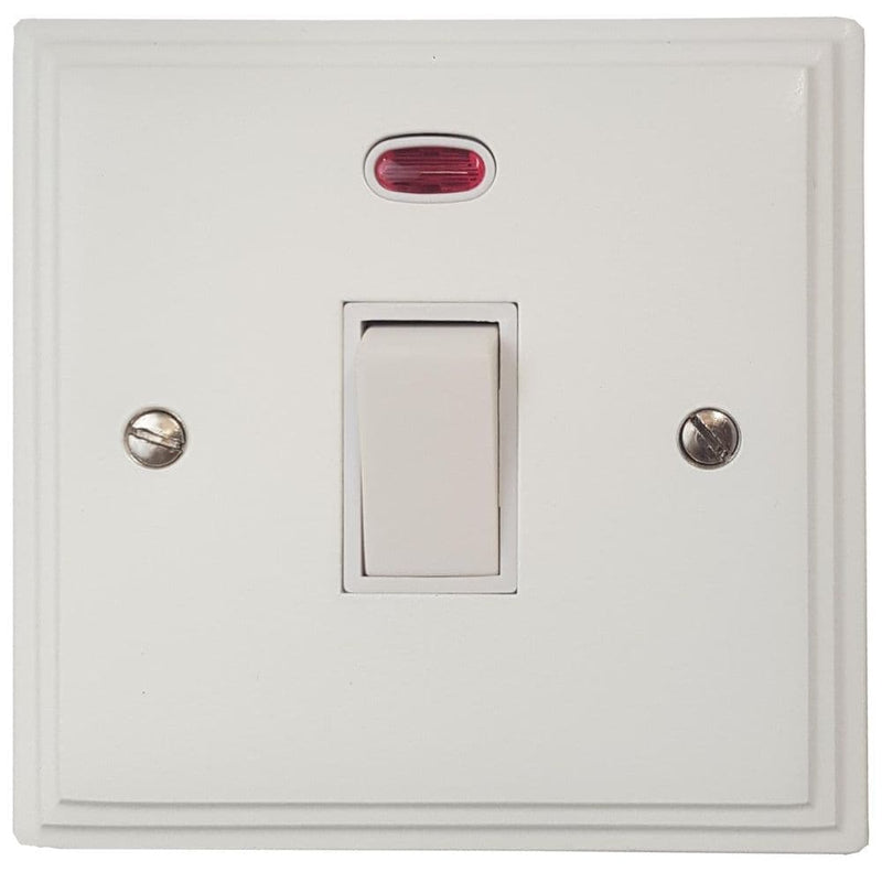 VW26W Victorian Plate Matt White 1 Gang 20 Amp Double Pole Switch & Neon