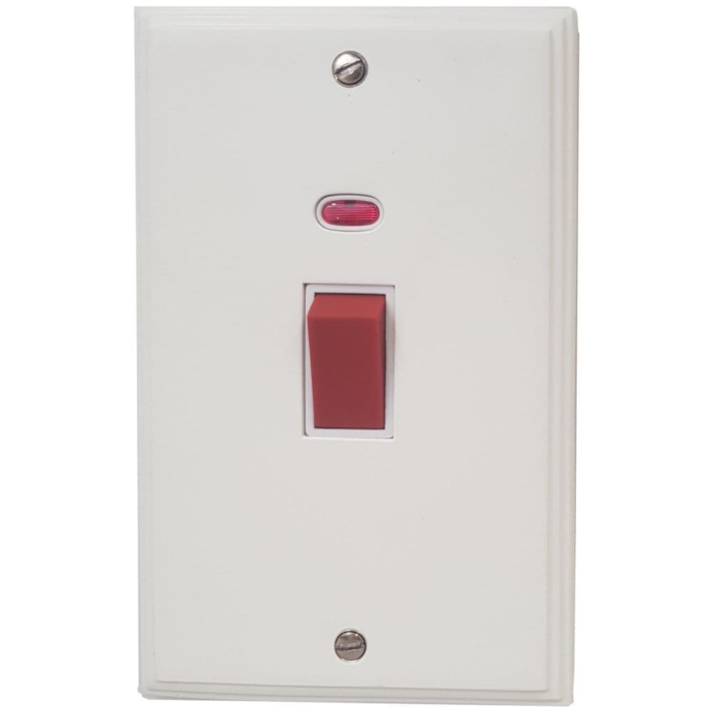 VW28W Victorian Plate Matt White 45 Amp DP Cooker Switch & Neon Vertical Plate
