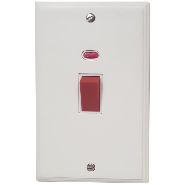 VW28W Victorian Plate Matt White 45 Amp DP Cooker Switch & Neon Vertical Plate
