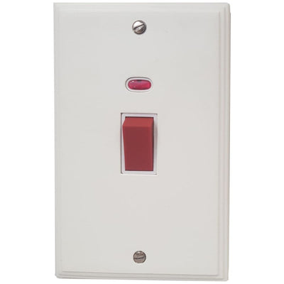 VW28W Victorian Plate Matt White 45 Amp DP Cooker Switch & Neon Vertical Plate