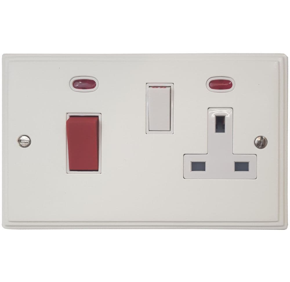 VW29W Victorian Plate Matt White 45 Amp DP Cooker Switch & 13A Switched Socket