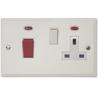 VW29W Victorian Plate Matt White 45 Amp DP Cooker Switch & 13A Switched Socket
