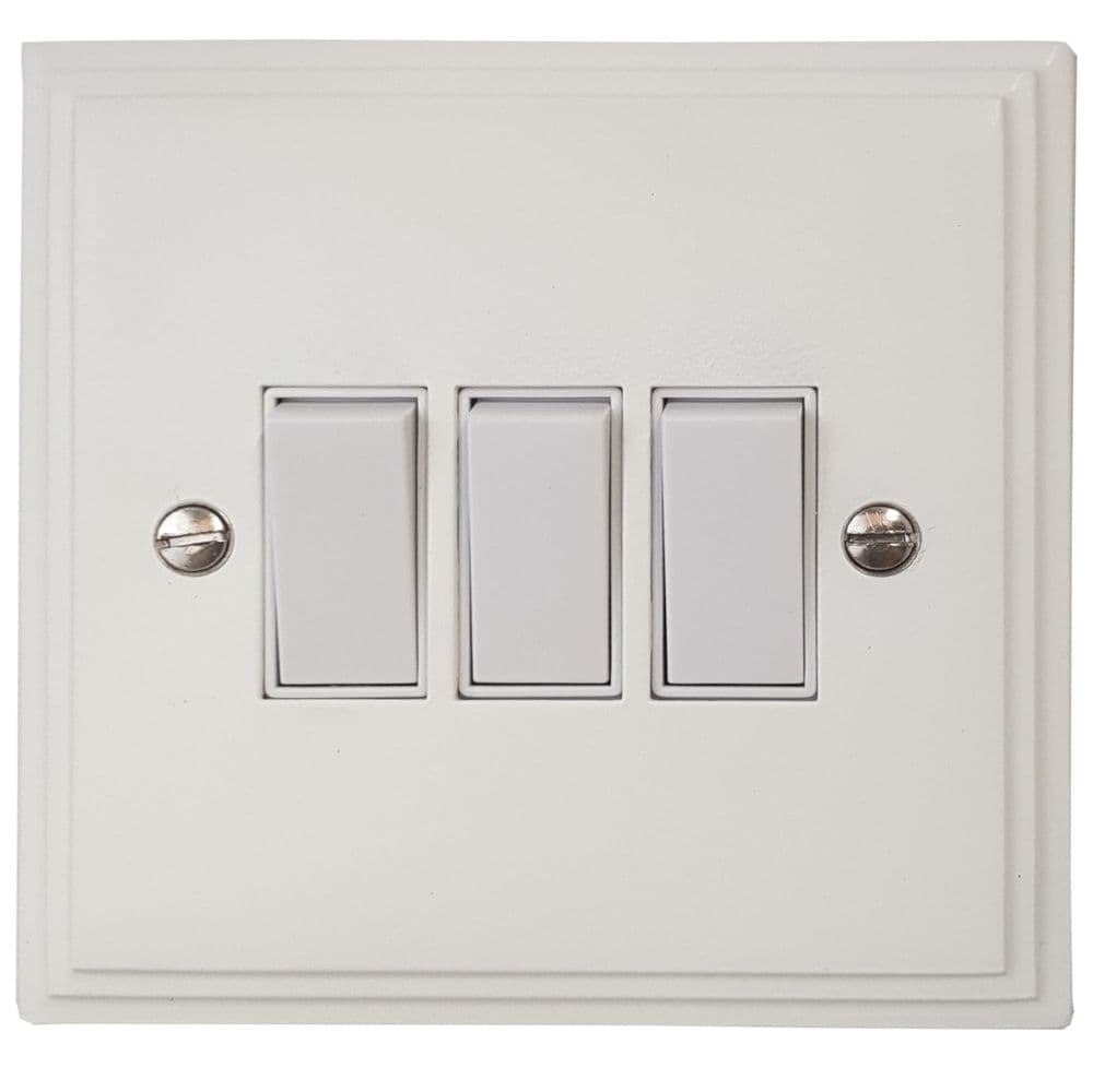 VW3W Victorian Plate Matt White 3 Gang 1 or 2 Way Rocker Light Switch