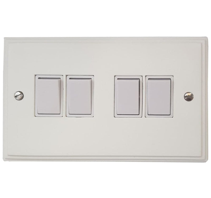 VW4W Victorian Plate Matt White 4 Gang 1 or 2 Way Rocker Light Switch