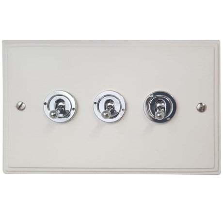 VW83C-PC Victorian Plate Matt White 3 Gang 2 x 2 Way 1 x Intermediate Toggle Light Switch