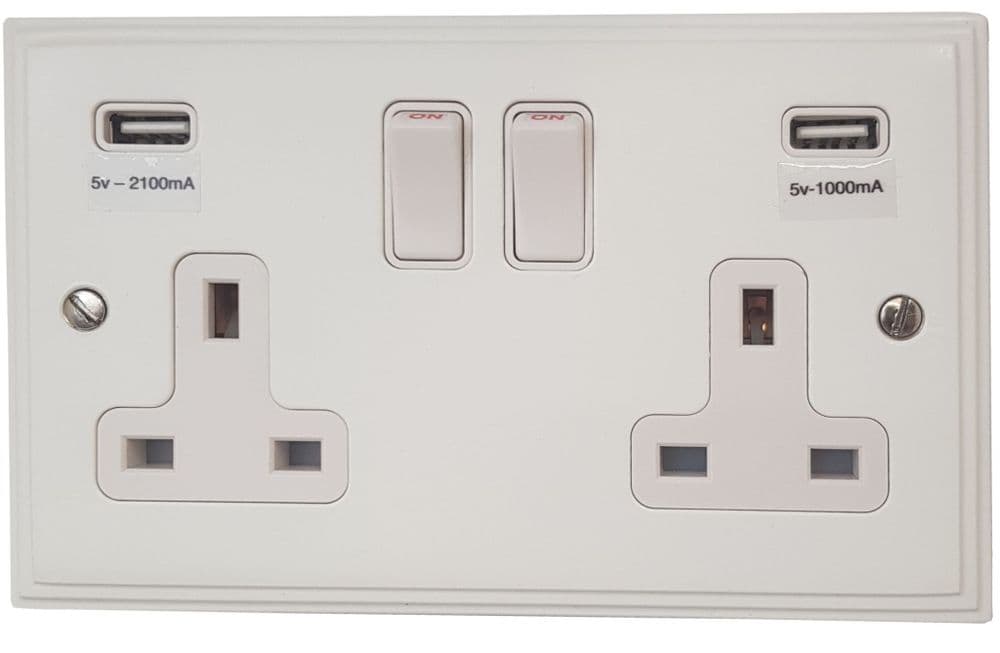 VW910W Victorian Plate Matt White 2 Gang Double 13A Switched Plug Socket 2.1A USB