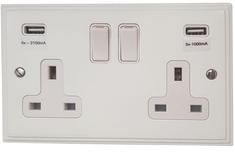 VW910W Victorian Plate Matt White 2 Gang Double 13A Switched Plug Socket 2.1A USB