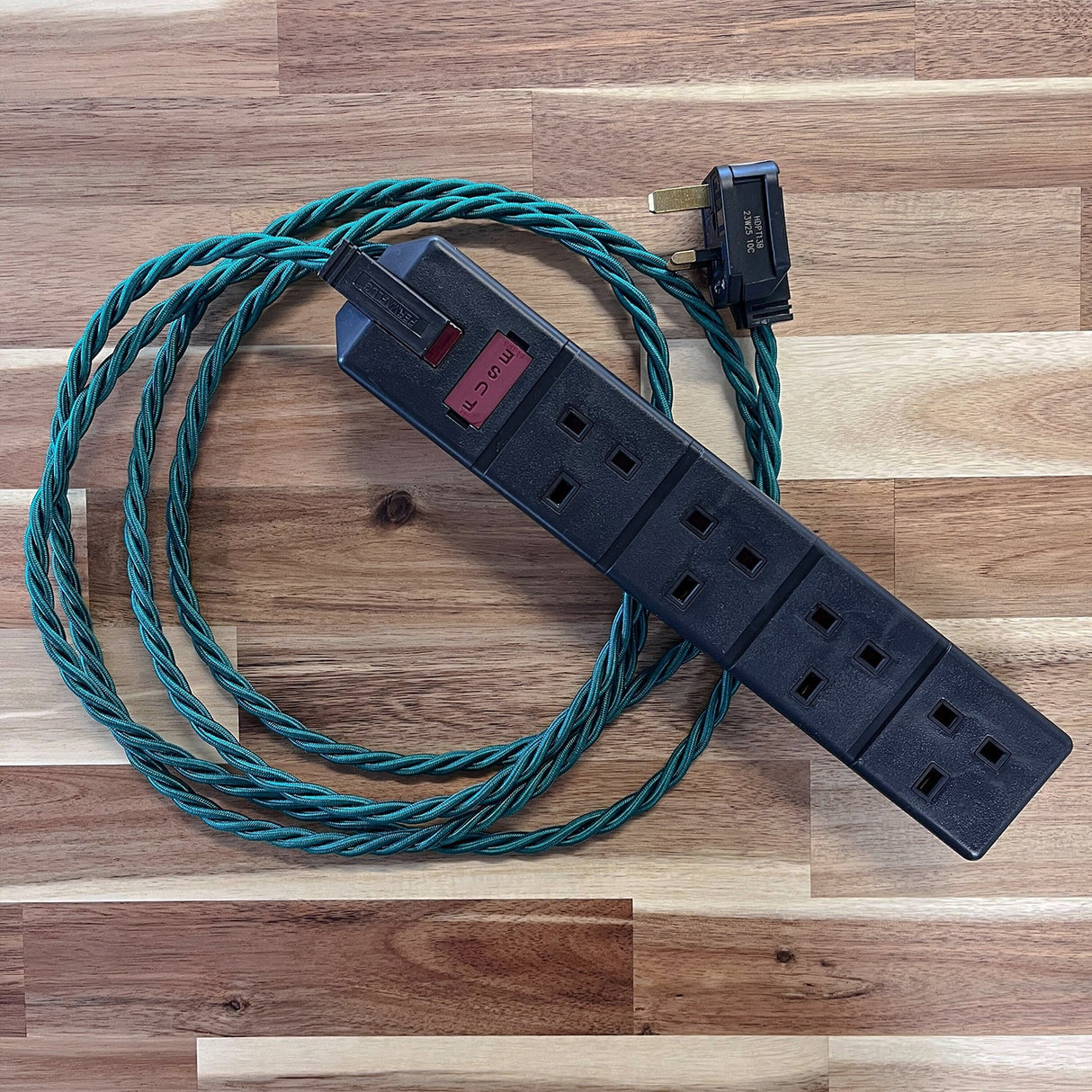 Green Braided Fabric Decorative Extension Lead - 4 Gang Black Trailing Socket