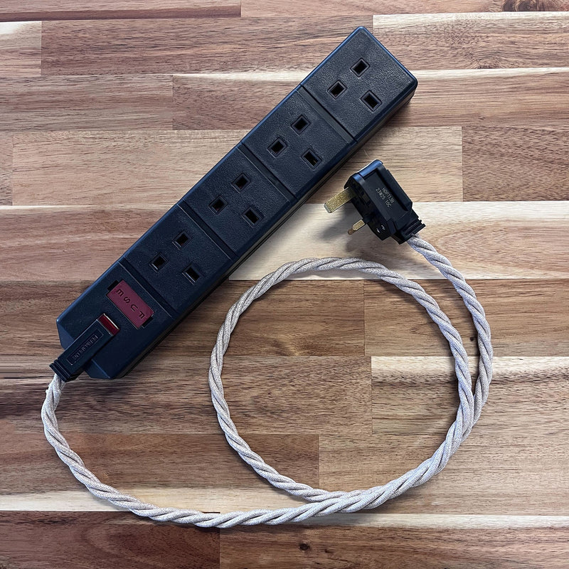 Linen Braided Fabric Decorative Extension Lead - 4 Gang Black Trailing Socket